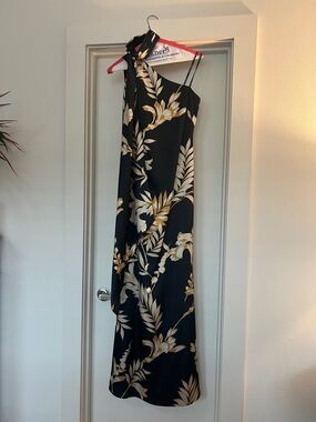 Vince Camuto Black Tropical Print Slip Dress with Gold Leaf Motif